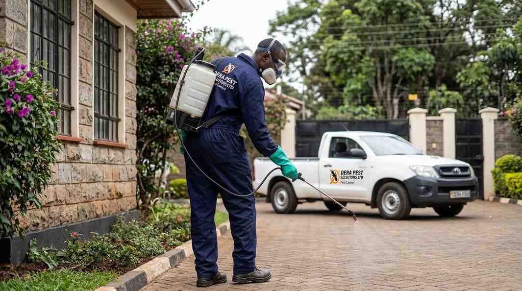 Technician spraying a driveway perimeter beside the Dera service vehicle