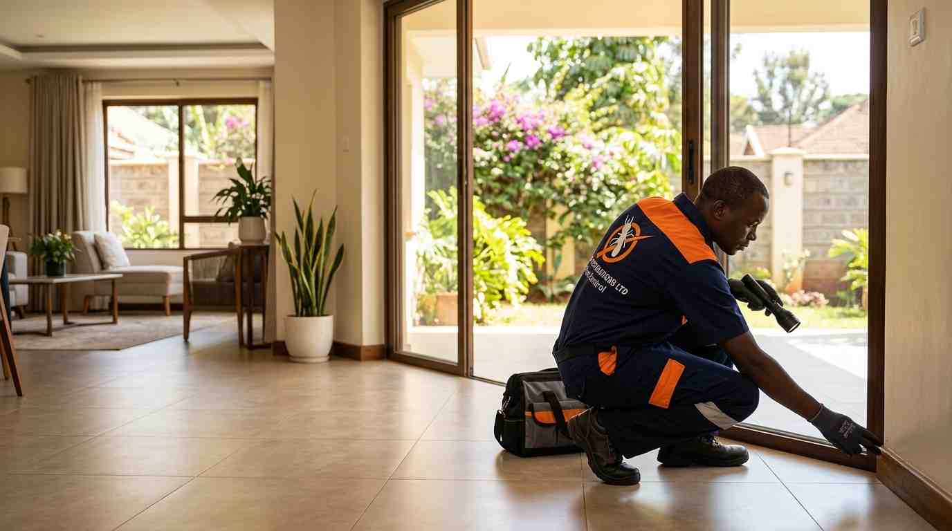 Technician inspecting a patio door frame for pest entry points