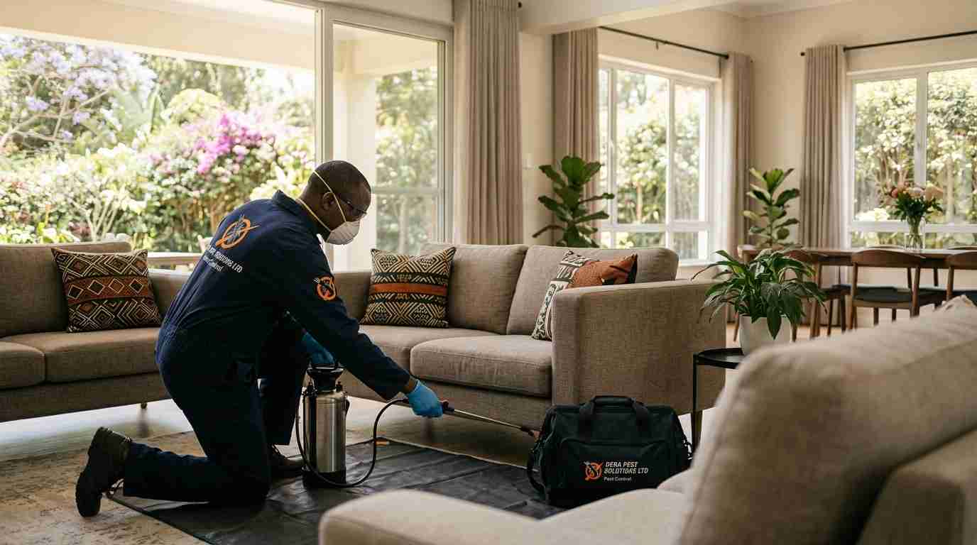 Technician treating a living-room sofa