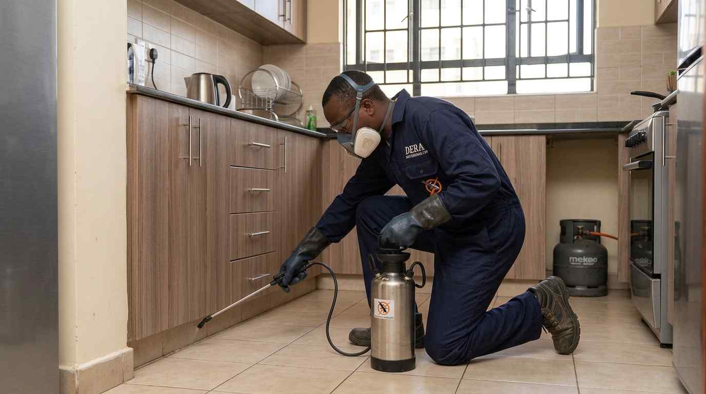 Detailed pest treatment behind a kitchen stove